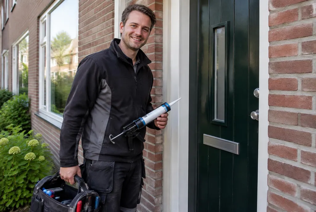 Vakman van Kitbedrijf Oldenzaal bij de voordeur van een woning